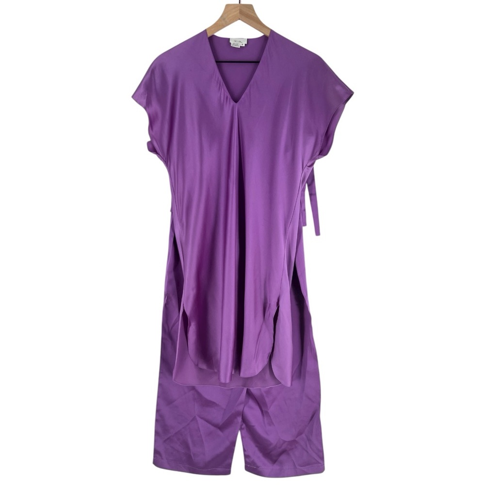 ICE Vintage 100% Silk Purple V-Neck Longline Tunic Tie Waist Pants Pajama Set S‎